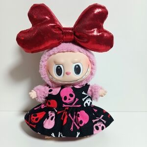 Labubu Custom Valentines Pink Red Skeleton Print Dress with Metallic Heart Bow